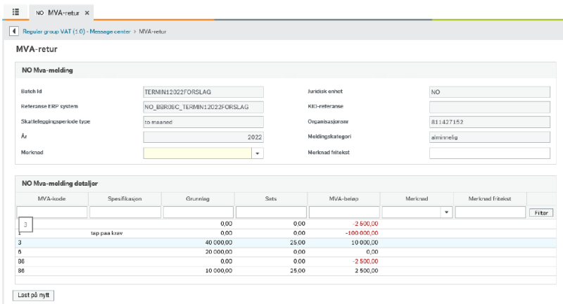 Skjermbilde av MVA-melding hvor du ser de data som skal rapporteres til Skatteetaten. 