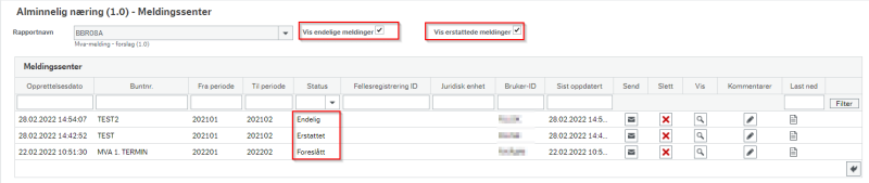 Skjermbilde som viser utsnitt av Meldingssenteret.