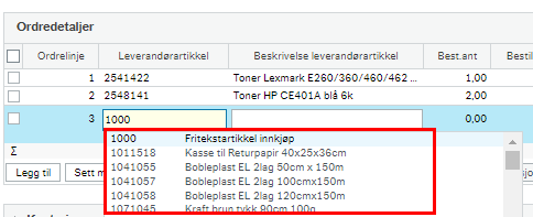 Skjermbilde som viser felt for å søke etter eksisterende artikler og eksempel på utvalg av artikler.