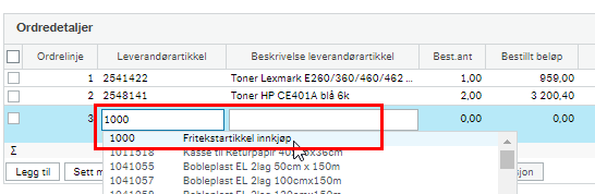 Skjermbilde som viser valg av Fritekstartikkel innkjøp.