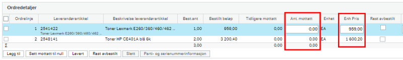 Skjermbilde med rød markering rundt kolonnene for Antall mottatt og Enhetspris.
