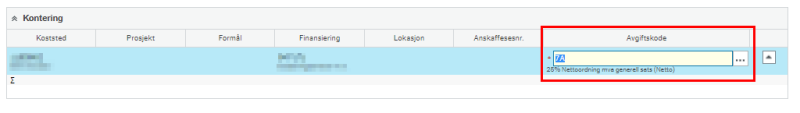 Skjermbilde med rød firkant rundt feltet for Avgiftskode.