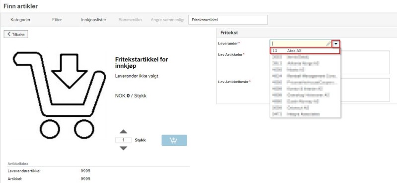 Skjermbilde som viser nedtrekksmenyen for friteksleverandør.