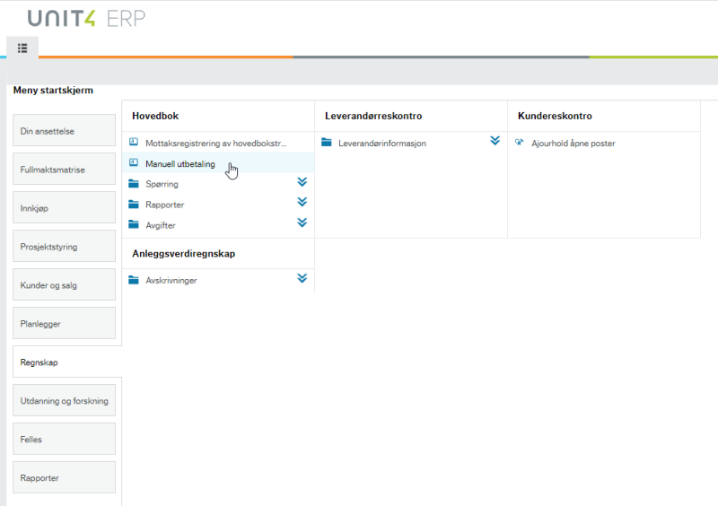 Bildet viser startmenyen i Unit4 ERP