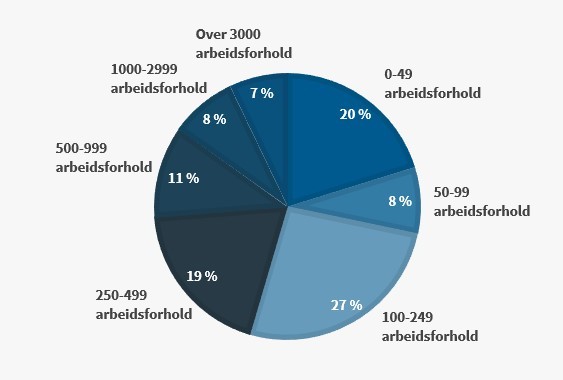 Figur 1: Fordeling av mottatte svar på kartleggingen på grupper av antall arbeidsforhold i virksomhetene