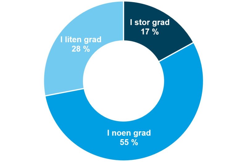 Figur 1. I hvilken grad er flerårig styring tema i styringsdialogen med deres departement? I stor grad: 17 % I noen grad: 55 % I liten grad: 28 %