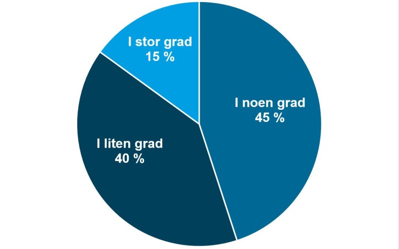 Figur 6. I hvilken grad opplever dere å ha handlingsrom i budsjettsammenheng til å kunne ivareta et flerårig perspektiv? I stor grad: 15 % I noen grad: 45 % I liten grad: 40 % 