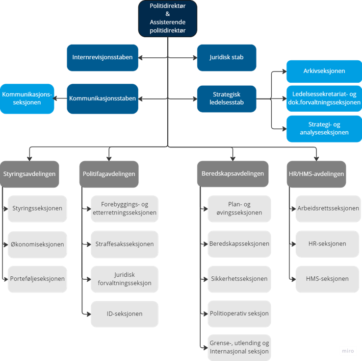 Organisasjonskart for POD som visuelt fremstiller virksomheten med stabsfunksjoner og avdelinger som beskrevet to avsnitt tidligere.