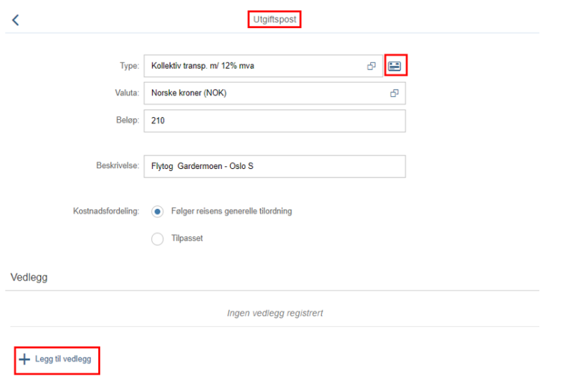 Inne på utgiftsposten fyller du inn relevant informasjon. Du kan også legge inn vedlegg direkte knyttet til den aktuelle utgiftsposten.