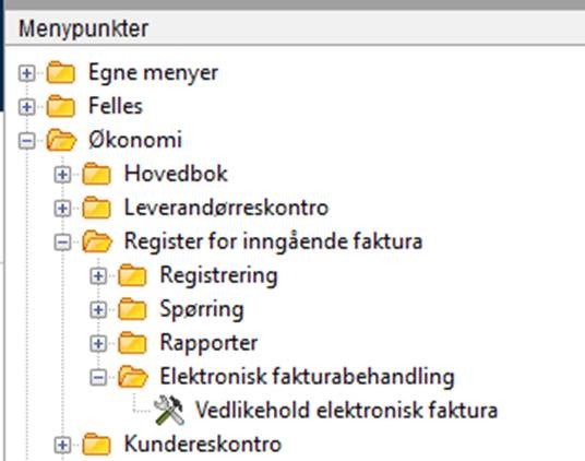 Skjermbilde som viser hvor i menyen du finner Vedlikehold elektronisk faktura