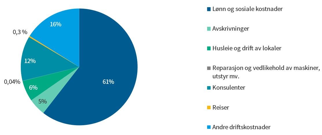 Figuren viser sammensetningen av driftskostnader i 2021, etter type kostnad i prosent.