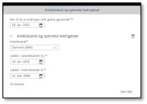 Skjermbilde fra DFØ HR som viser valgene under Arbeidsland og spesielle betingelser