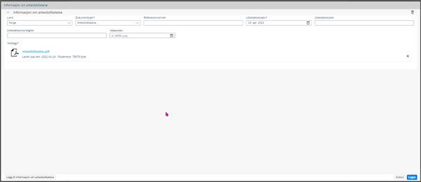 Skjermbilde av felter å fylle ut om arbeidstillatelse i DFØ HR