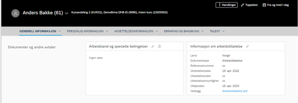 Skjermbilde av hvor arbeidstillatelsen synes på den ansattes profil i DFØ HR