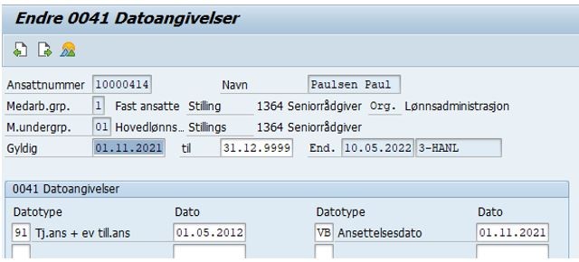 Bildet viser felt med ansattinformasjon i SAP.