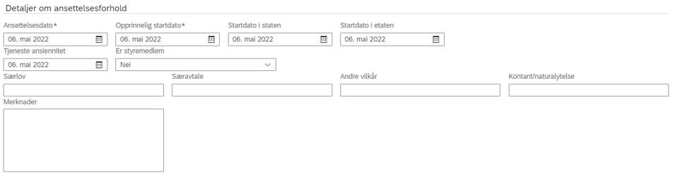 Bildet viser felt for detaljer om ansettelsesforholdet. 