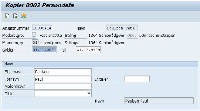 Bildet viser felt med ansattinformasjon i SAP.