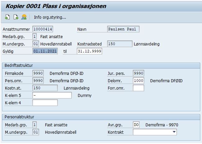 Bildet viser felt med ansattinformasjon i SAP.