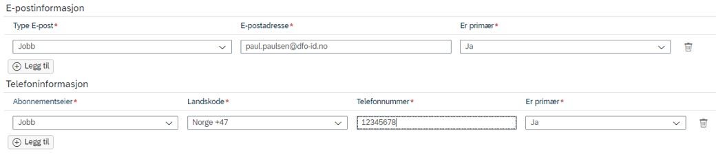 Bildet viser felt for e-post og telefoninformasjon.