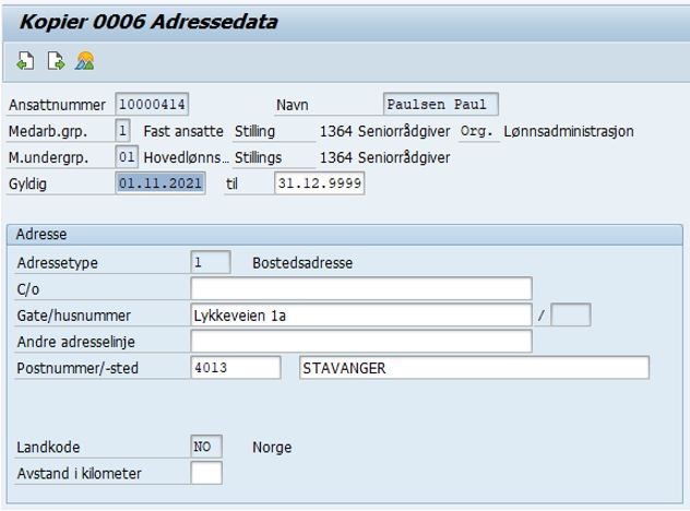 Bildet viser felt med ansattinformasjon i SAP.