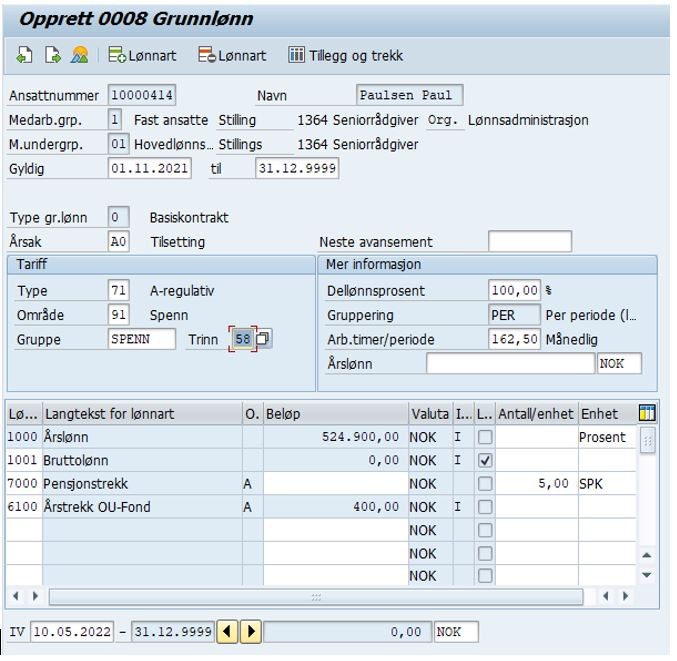 Bildet viser felt med ansattinformasjon i SAP.