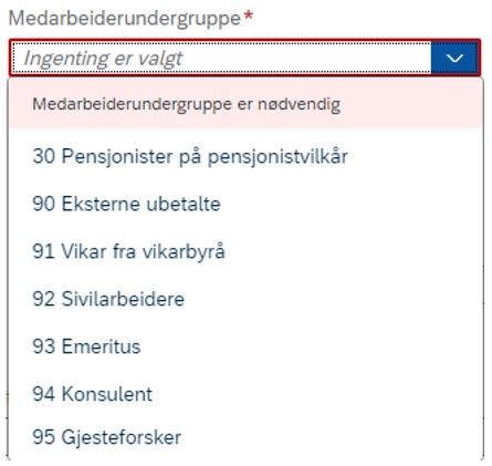 Bildet viser meny med ansettelsesinformasjon.
