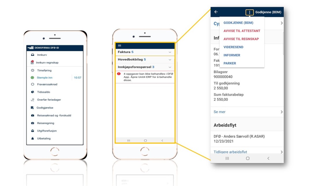 Startskjerm, meny og handlingsalternativer ved behandling av oppgave i appen.