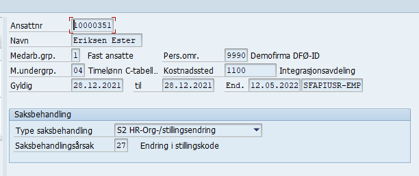 Skjermbilde av hvordan endre stillingskode i DFØ HR.
