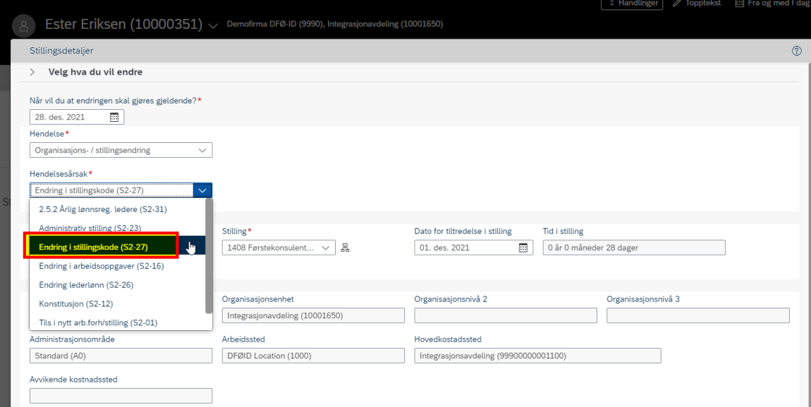 Skjermbilde av hvordan endre stillingskode i DFØ HR.