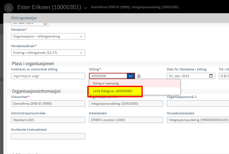 Skjermbilde av hvordan endre stillingskode i DFØ HR.