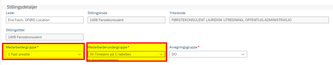 Skjermbilde av hvordan endre stillingskode i DFØ HR.