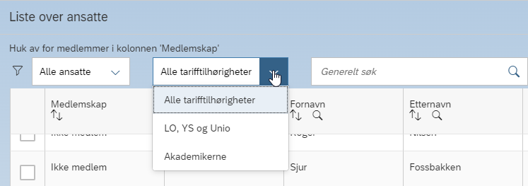 Bildet viser filtreringsmuligheter