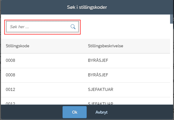 Bildet viser søk i stillingskoder