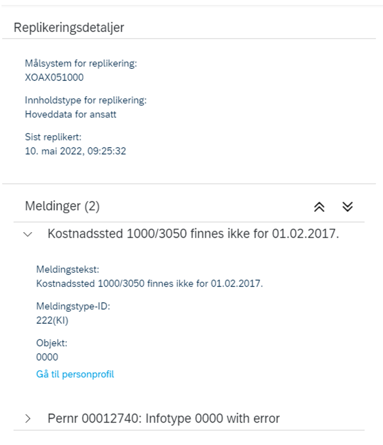 Skjermbilde av replikeringsdetaljer i DFØ HR