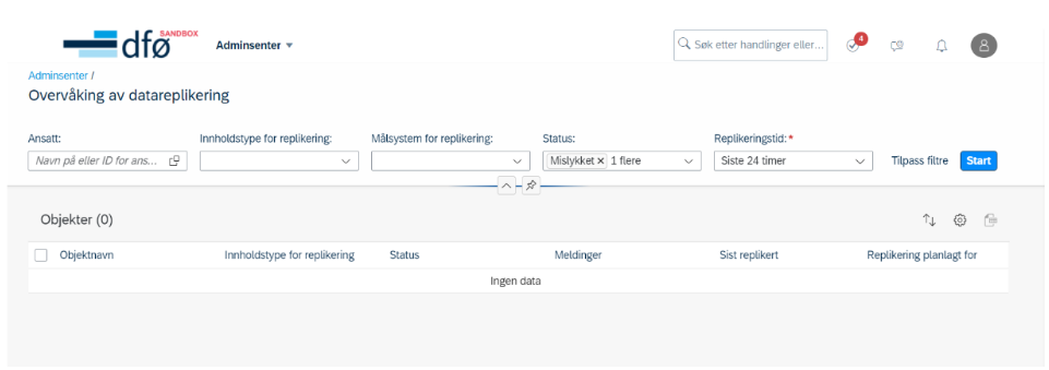 Skjermbilde av overvåking av datareplikering i adminsenteret i DFØ HR