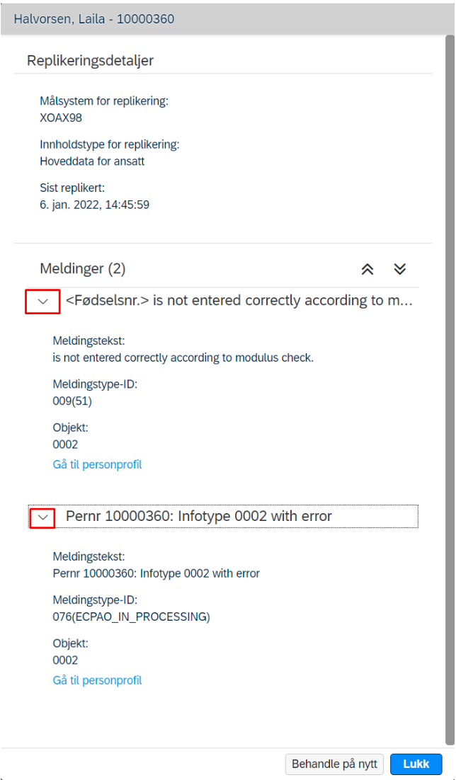 Skjermbilde som viser replikeringsdetaljer i DFØ HR