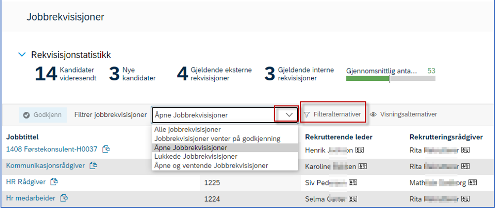 bildet viser hvordan du kan filtrere i jobbrekvisisjonsoversikt