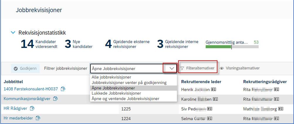 bildet viser hvordan du kan filtrere i jobbrekvisisjonsoversikt 