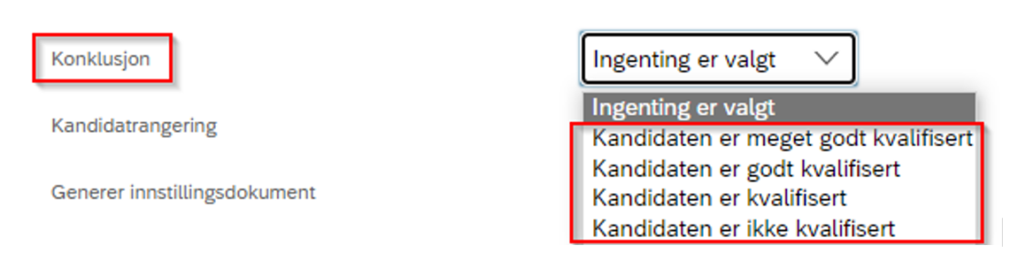 Skjermbilde av feltet "konklusjon" som viser hvilke valgmuligheter du har. "kandidaten er meget godt kvalifisert", "kandidaten er godt kvalifisert", "kandidaten er kvalifisert", "kandidaten er ikke kvalifiser".
