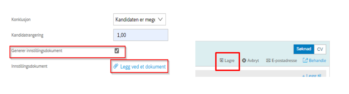 Skjermbilde av hvor du krysser av for "generer innstilling" og at du trykke "lagre" oppe til høyre. Når dokumentet er generert vil det legge seg under der hvor du genererte dokumentet.