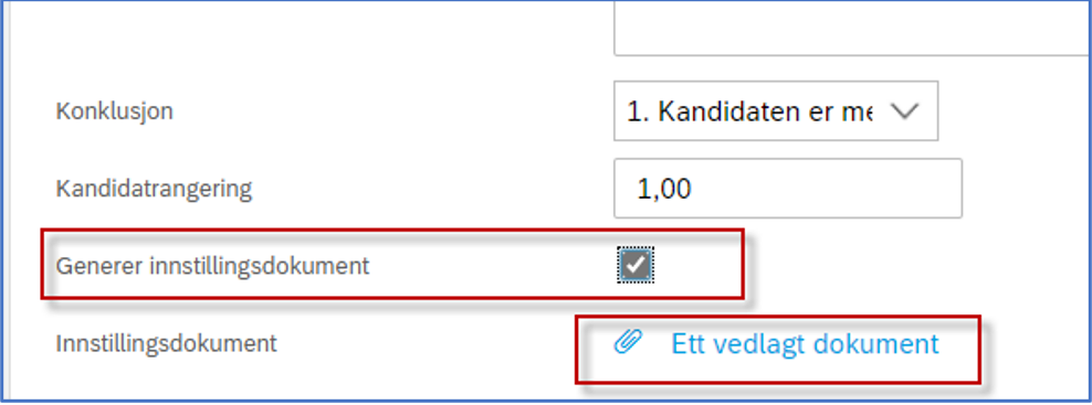 Skjermbilde som viser når dokumentet er ferdig generert og klart til å lastes ned. Da står det "Ett vedlagt dokument" ved felt "innstillingsdokument"