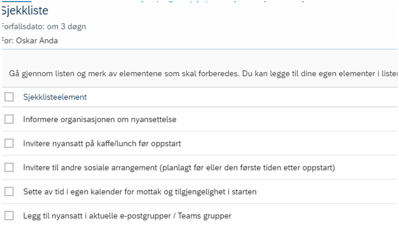 Skjermbilde som viser sjekkliste i DFØ HR