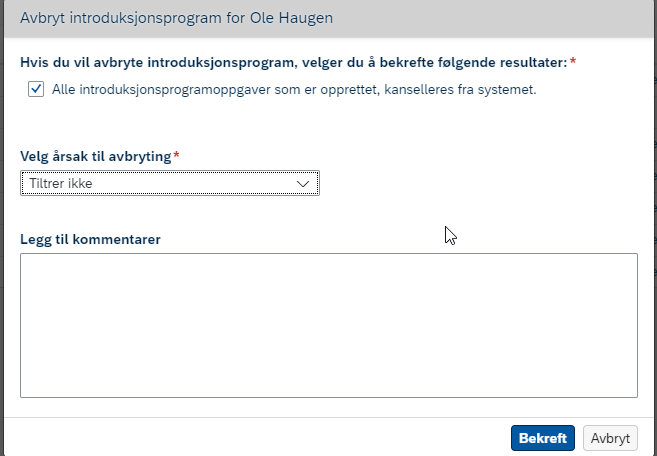 Skjermbilde: årsak til avbrutt introduksjonsprogram