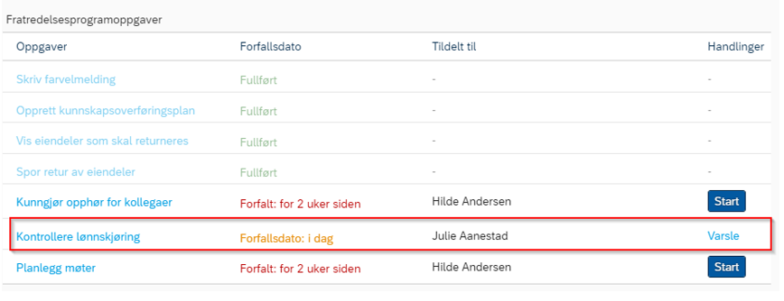 Skjermbilde av fratredelsesprogramoppgaver i DFØ HR