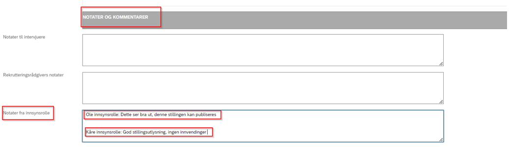 Skjermbilde av hvor innsynsrollen kan legge inn tilbakemelding i et eget kommentarfelt i jobbrekvisisjonen.
