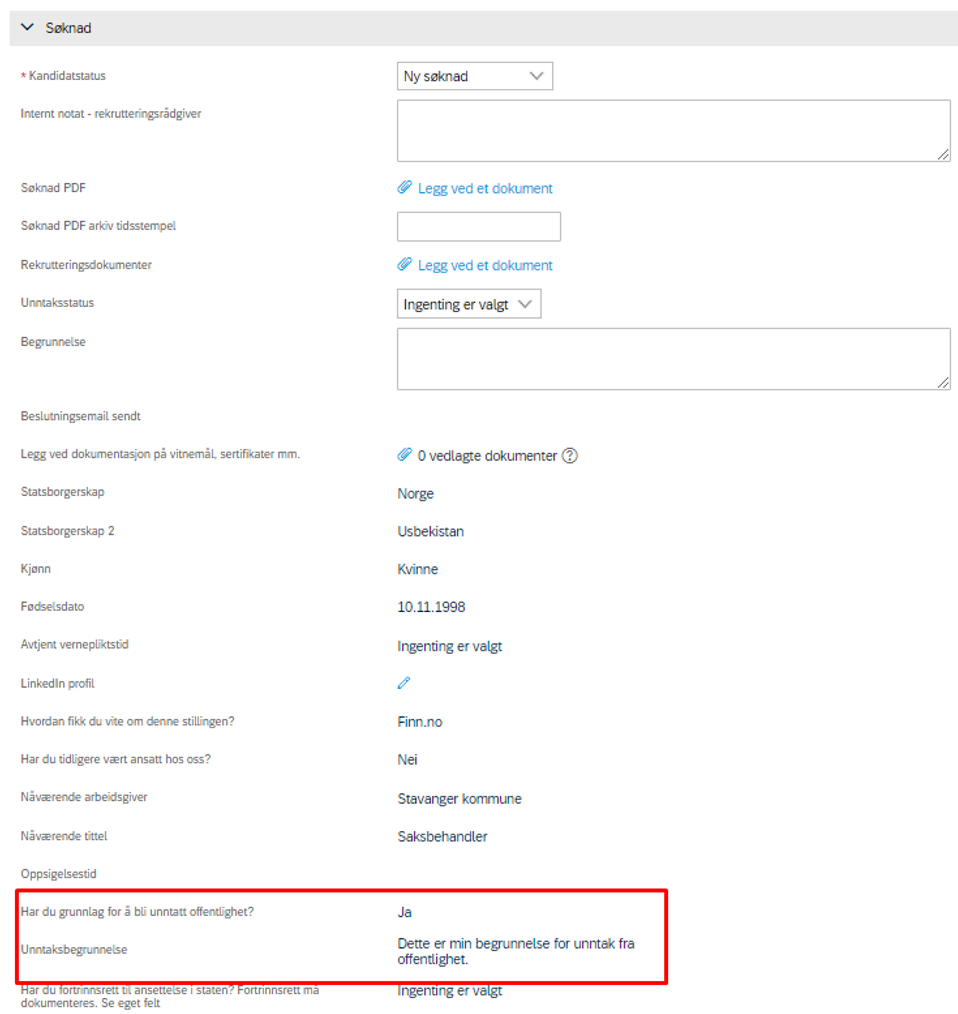 bildet som viser hvor kandidat legges inn at han/hun ønsker unntak fra offentlighet og, unntaksbegrunnelsen 