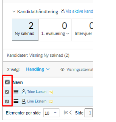 bildet som viser hvor man trykker for å markere flere kandidater i kandidathåndtering 