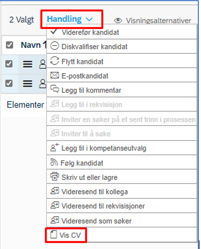 bildet som viser hvordan du via handling kan vise CV