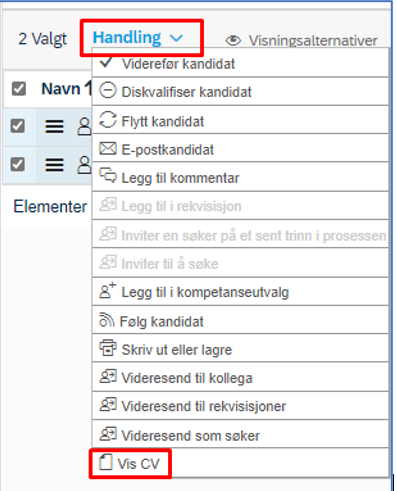 bildet som viser hvordan du via handling kan vise CV 