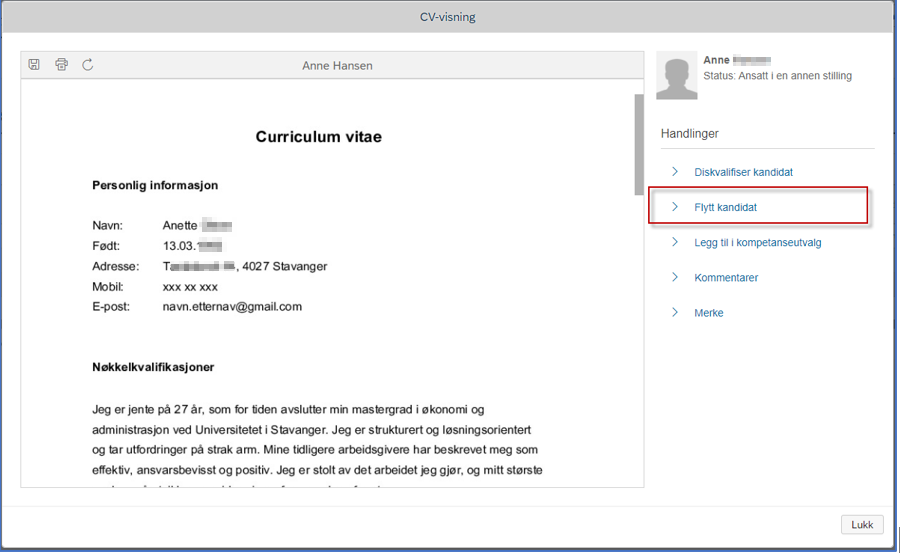 bildet som viser hvordan du kan flytte kandidat ved via CV